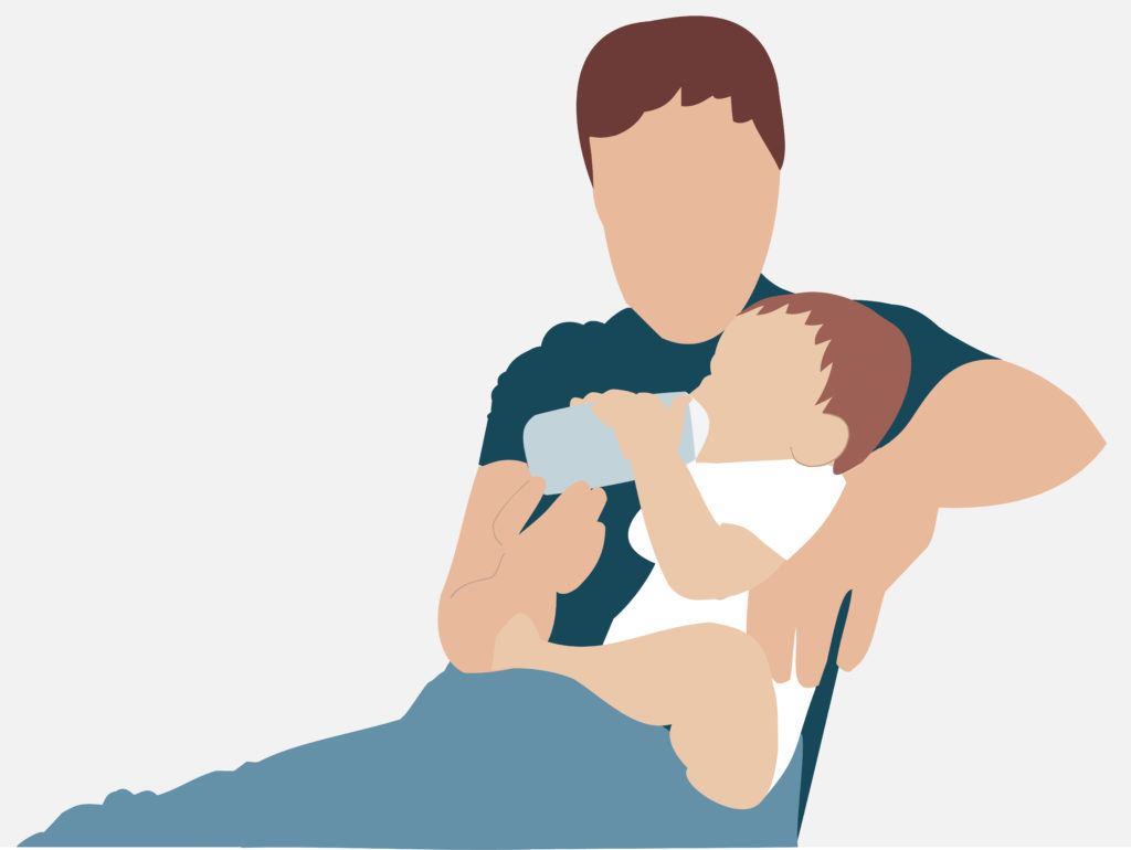 Illustration of a father feeding her baby with a bottle of milk